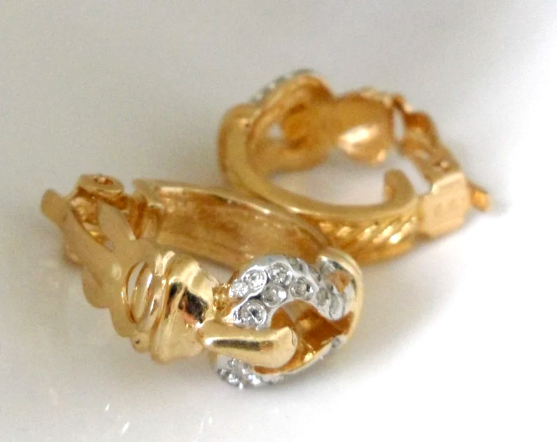 Buckle Earrings Clip On Half Hoops Gold Tn Rhinestones Unsigned ESPO Dead Stock