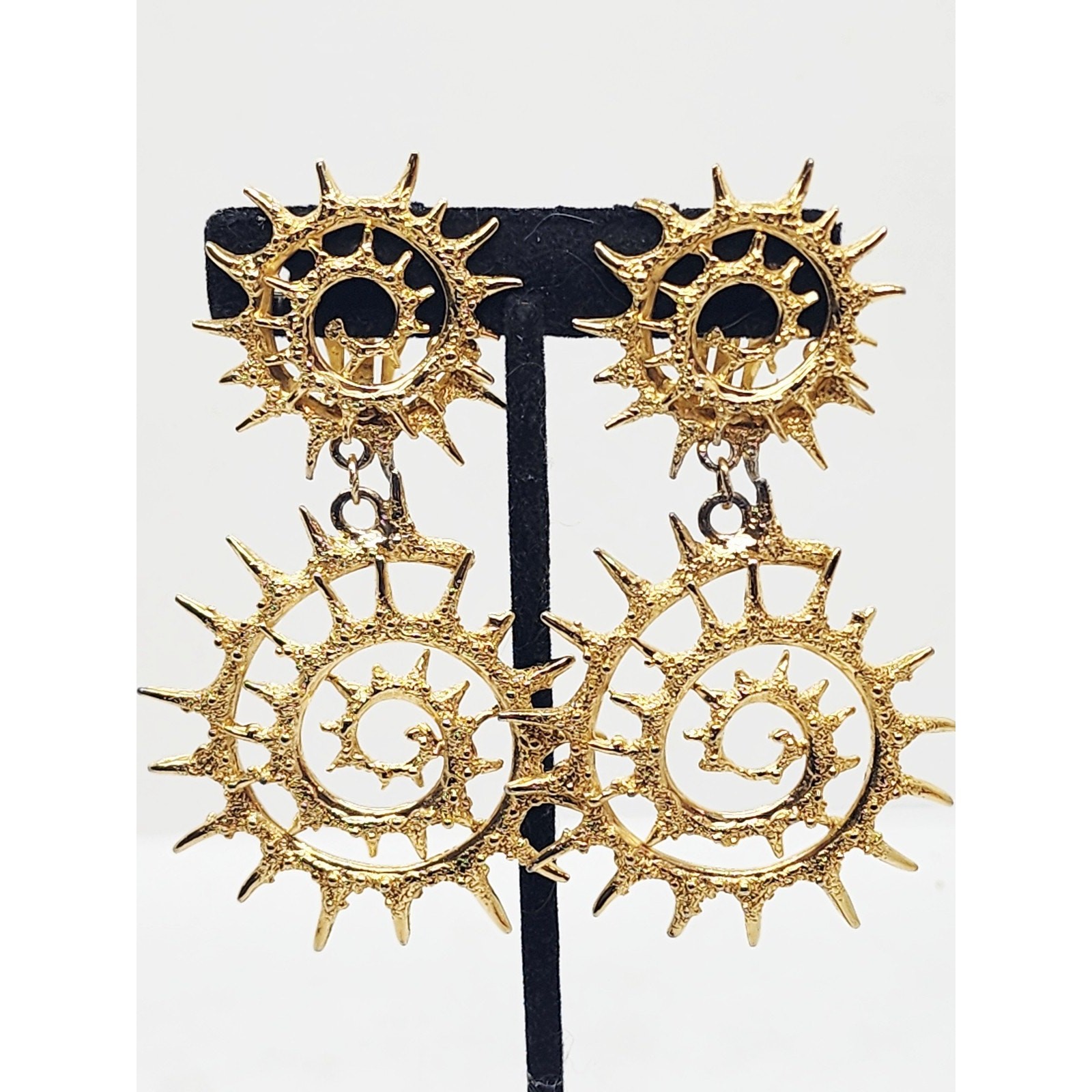 Vintage Orena Paris Sunburst Spiral Clip On Earrings Gold Tone Long Dangle
