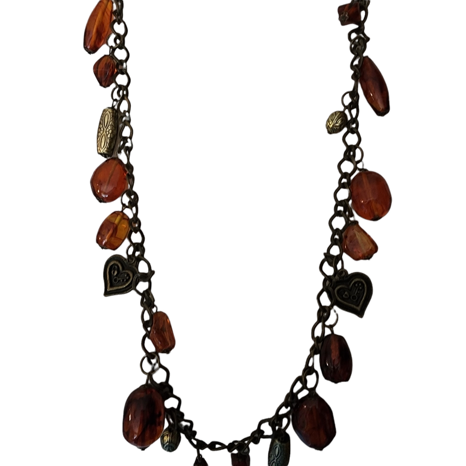 Vintage Necklace Amber Color Beaded Heart Drops Extra Long Different Shapes Vale