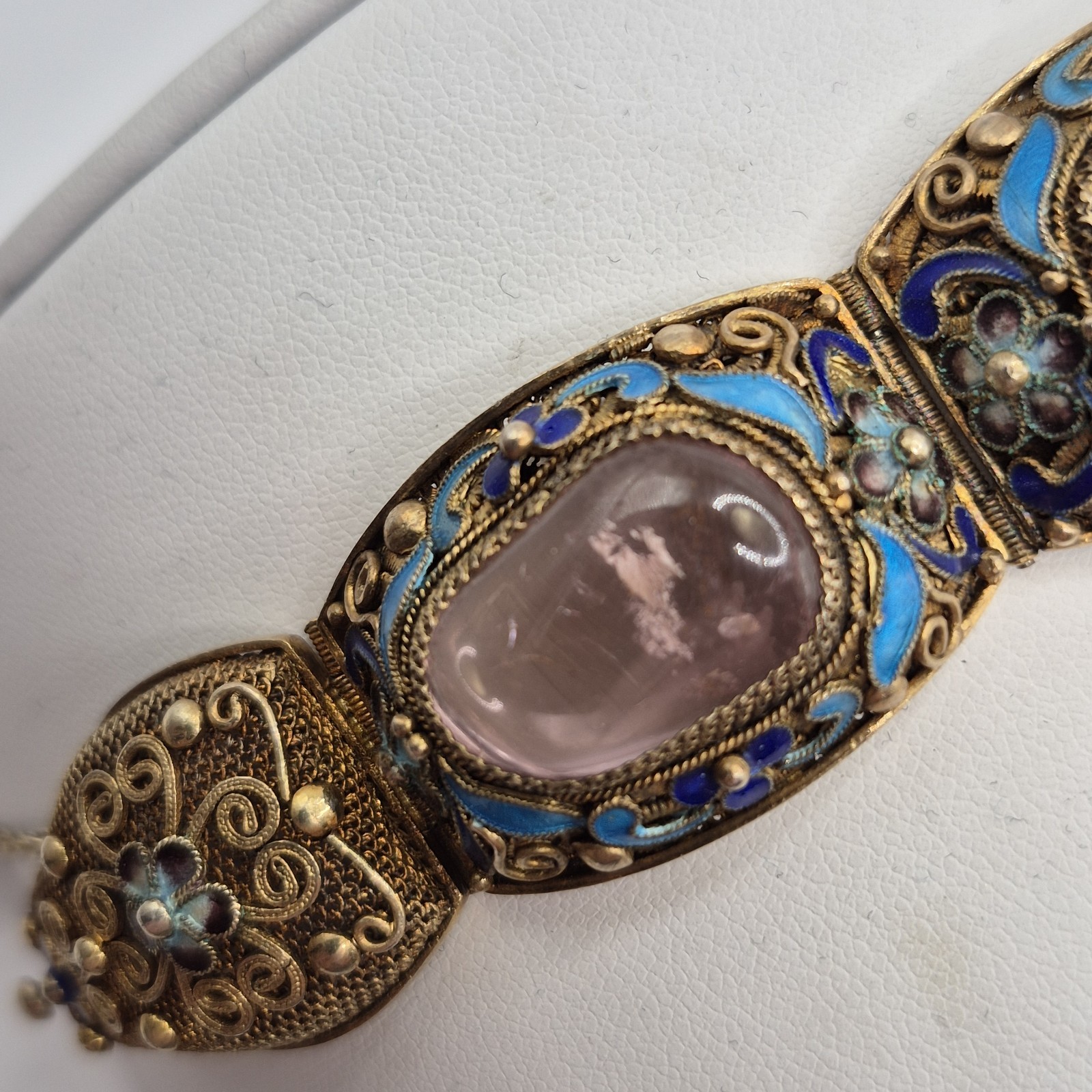 Vintage Silver W/ Gold Wash Chinese Export Tourmaline Enamel Filigree Bracelet