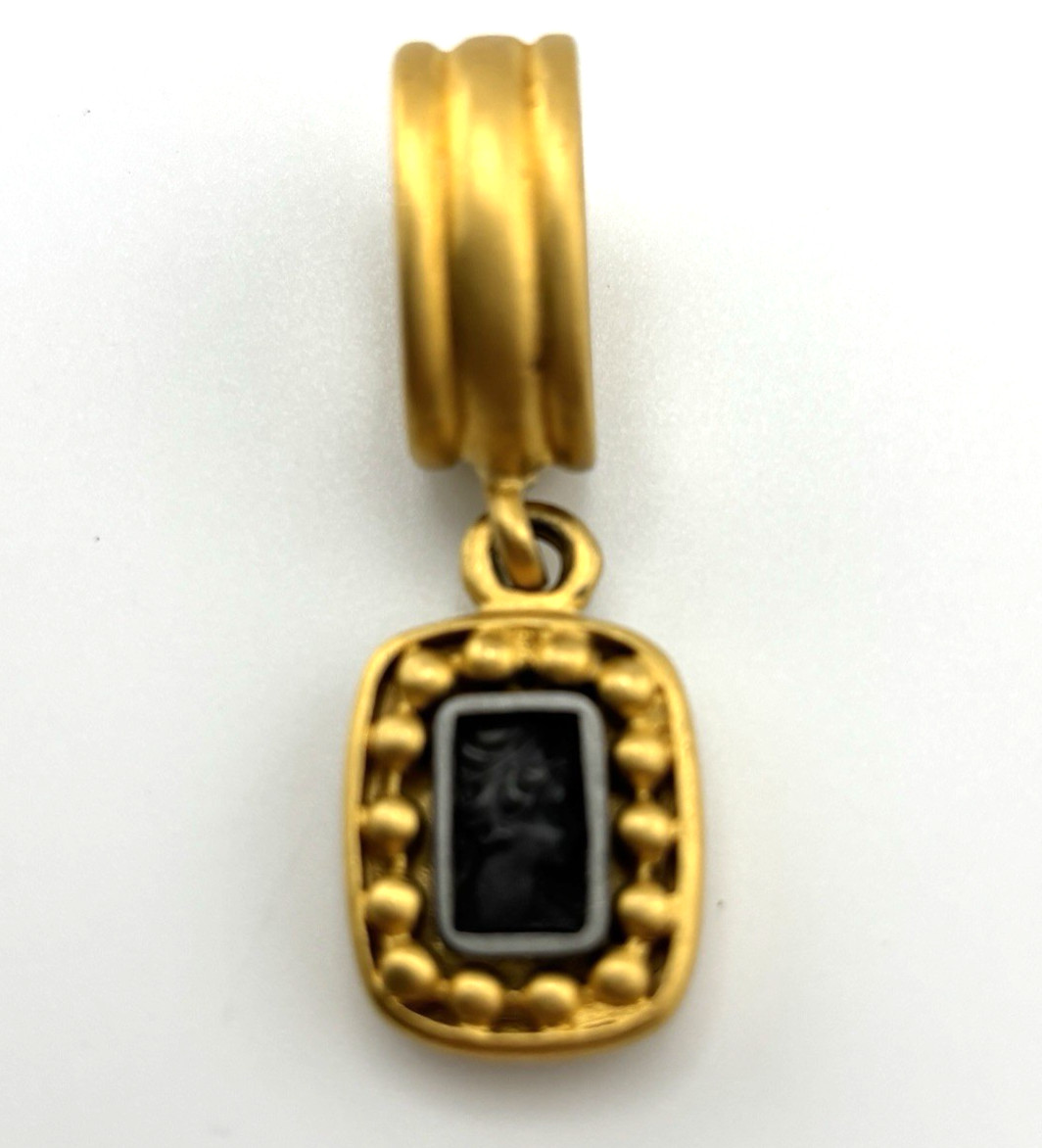 Vintage Carlisle Black Cameo Pendant Brushed Gold Tone Large Bail Signed