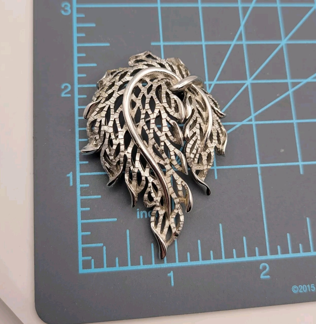 Vintage Crown Trifari Brooch Silver Tone Nature Leaf Swag Matte Polished Signed