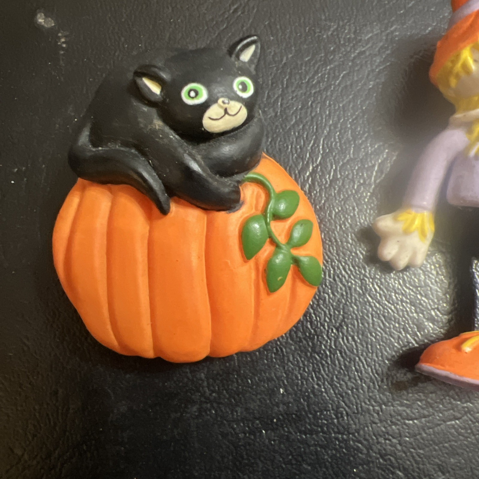 Vintage Black Cat Pumpkin Scarecrow Trick or Treat Bag Halloween Brooch Pin