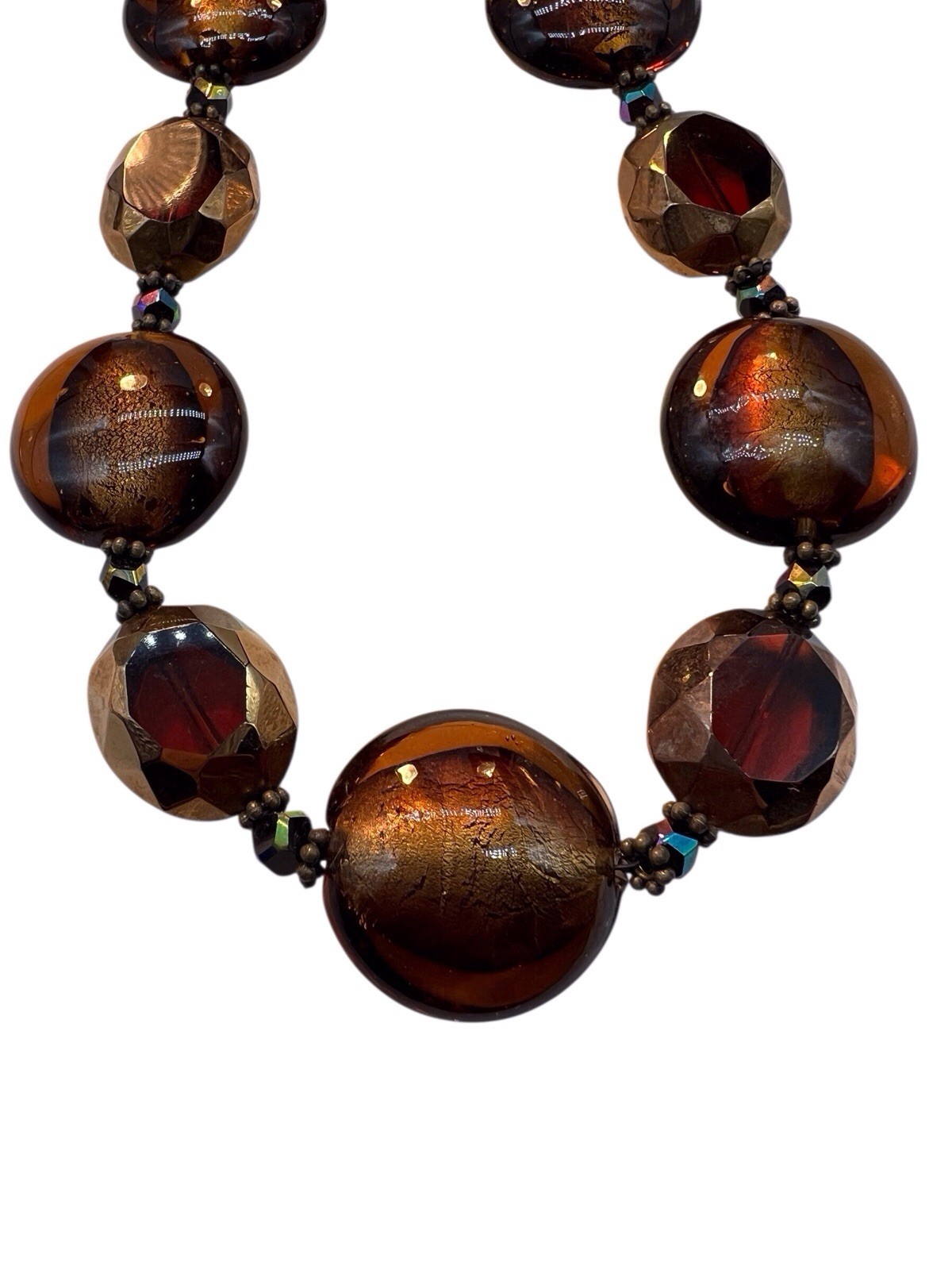Signed Art Glass Bead Neckllace Nena N Black Gold Foil Faceted Red AB Accent WB