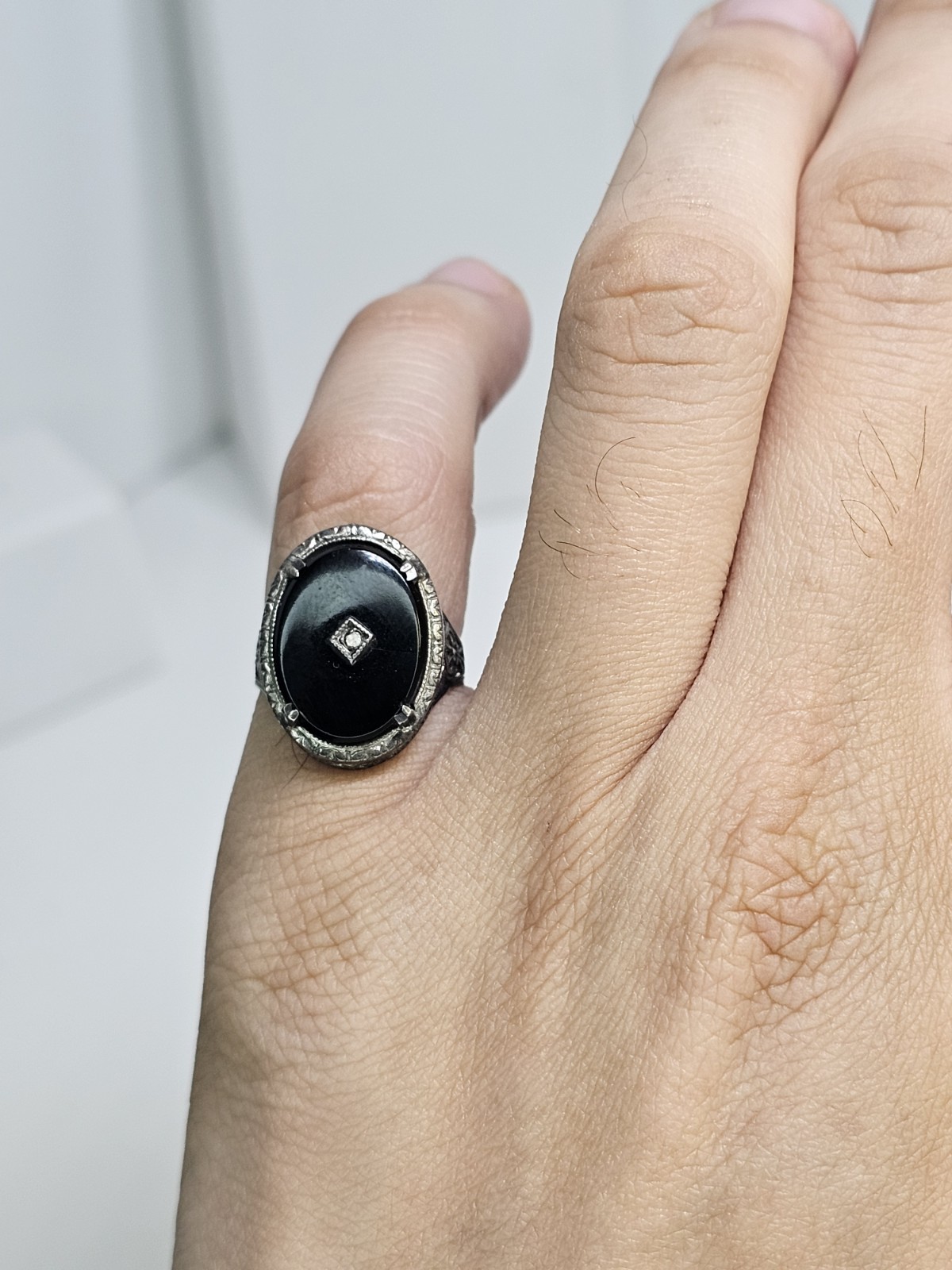 Antique Sterling Onyx & Rough Diamond Filigree Ring Sz 6 (Loose Stone/Onyx)