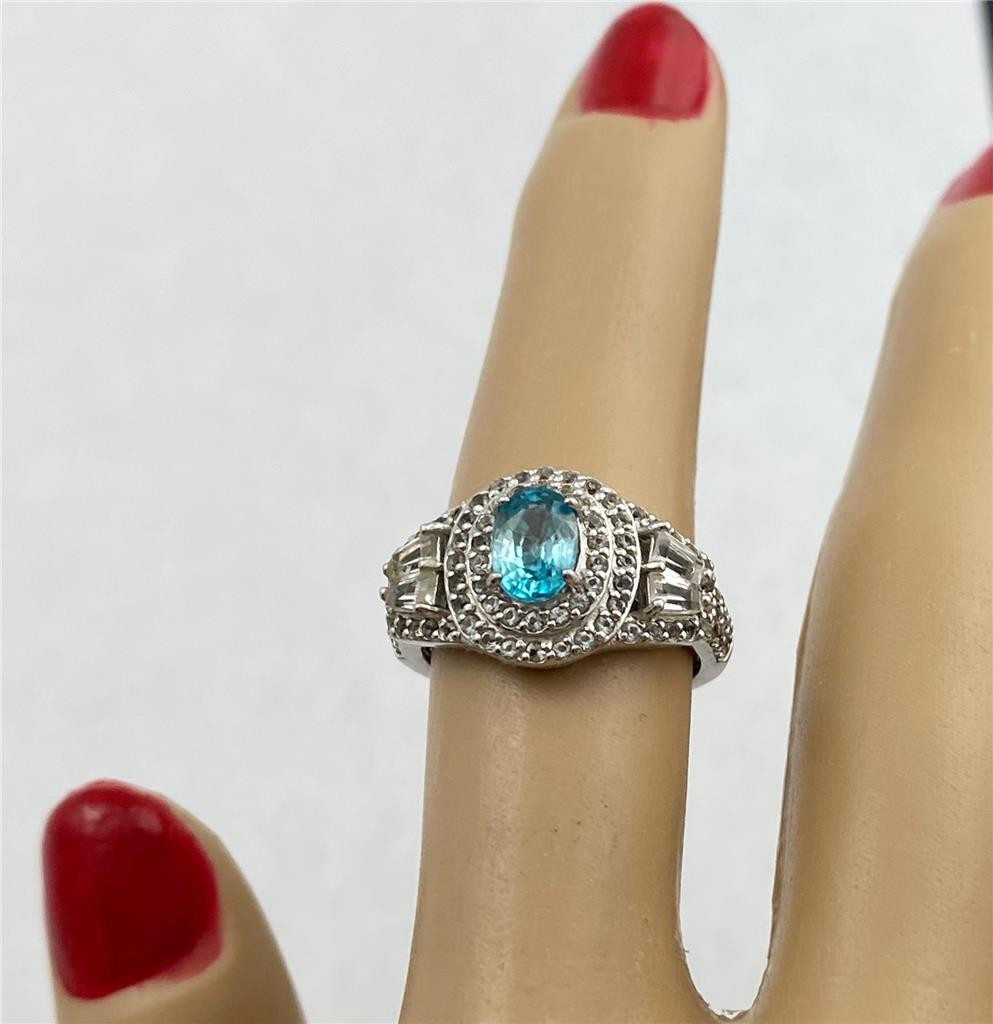 STS 925 Sterling Silver Blue Topaz Clear Baguettes & Diamond Accents Ring Sz.6