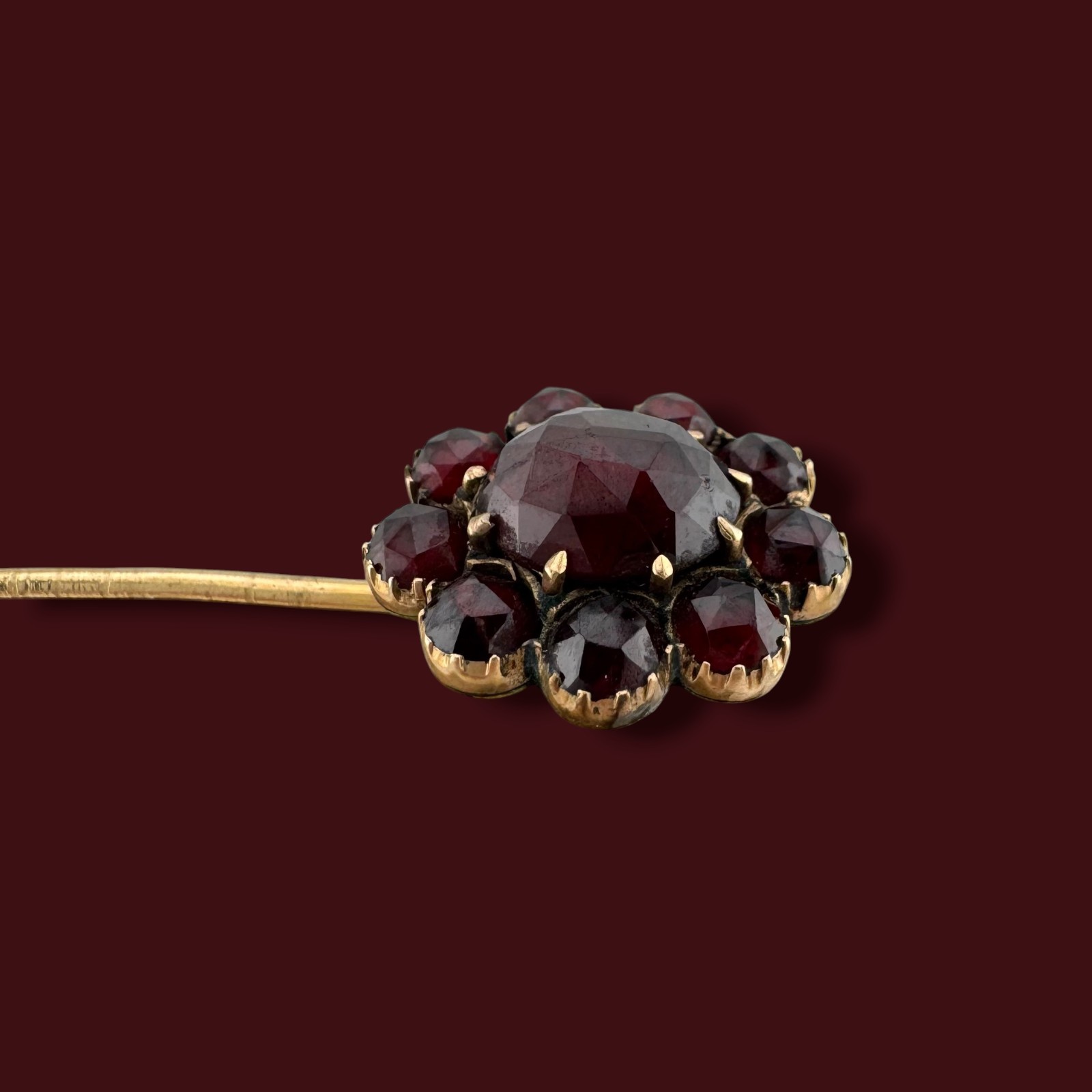 Antique Bohemian Garnet Style Glass Gold Filled Floral Cluster Stick Pin