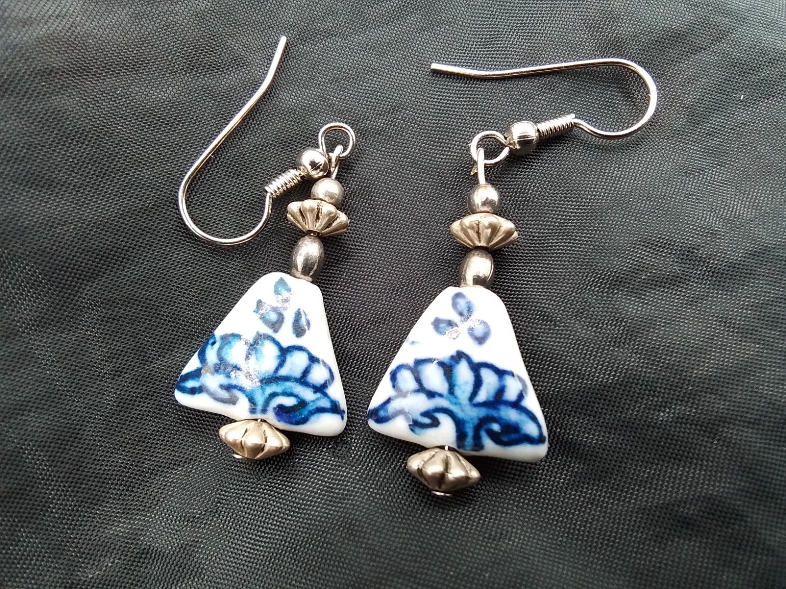 TRIANGLE DELFT STYLE VINTAGE ESTATE PIERCED EARRINGS DANGLE FRENCH HOOK WIRE