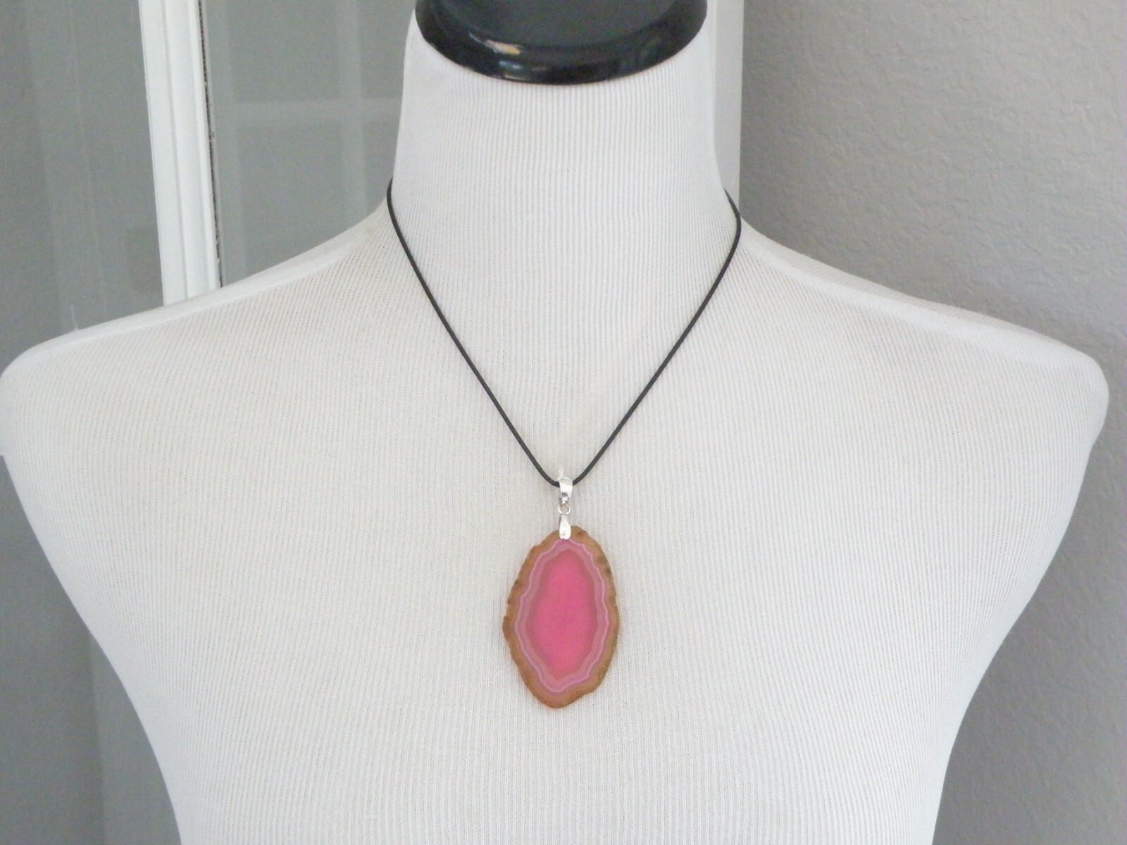 Huge Sterling Silver 925 Pink Geode Crystal Slab Vintage Pendant Necklace