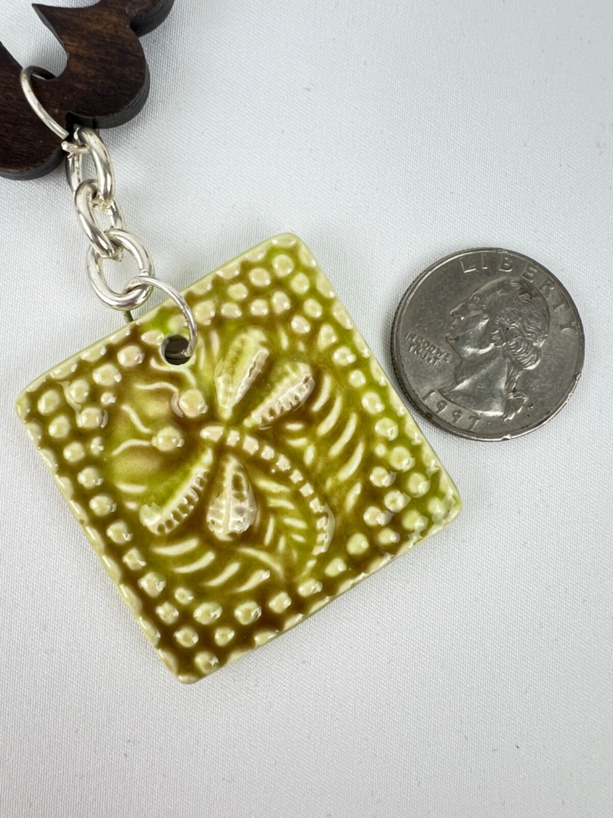 Ceramic & Wood Silver Tone Beads Discs Birds & Dragonfly Necklace & Earring Set