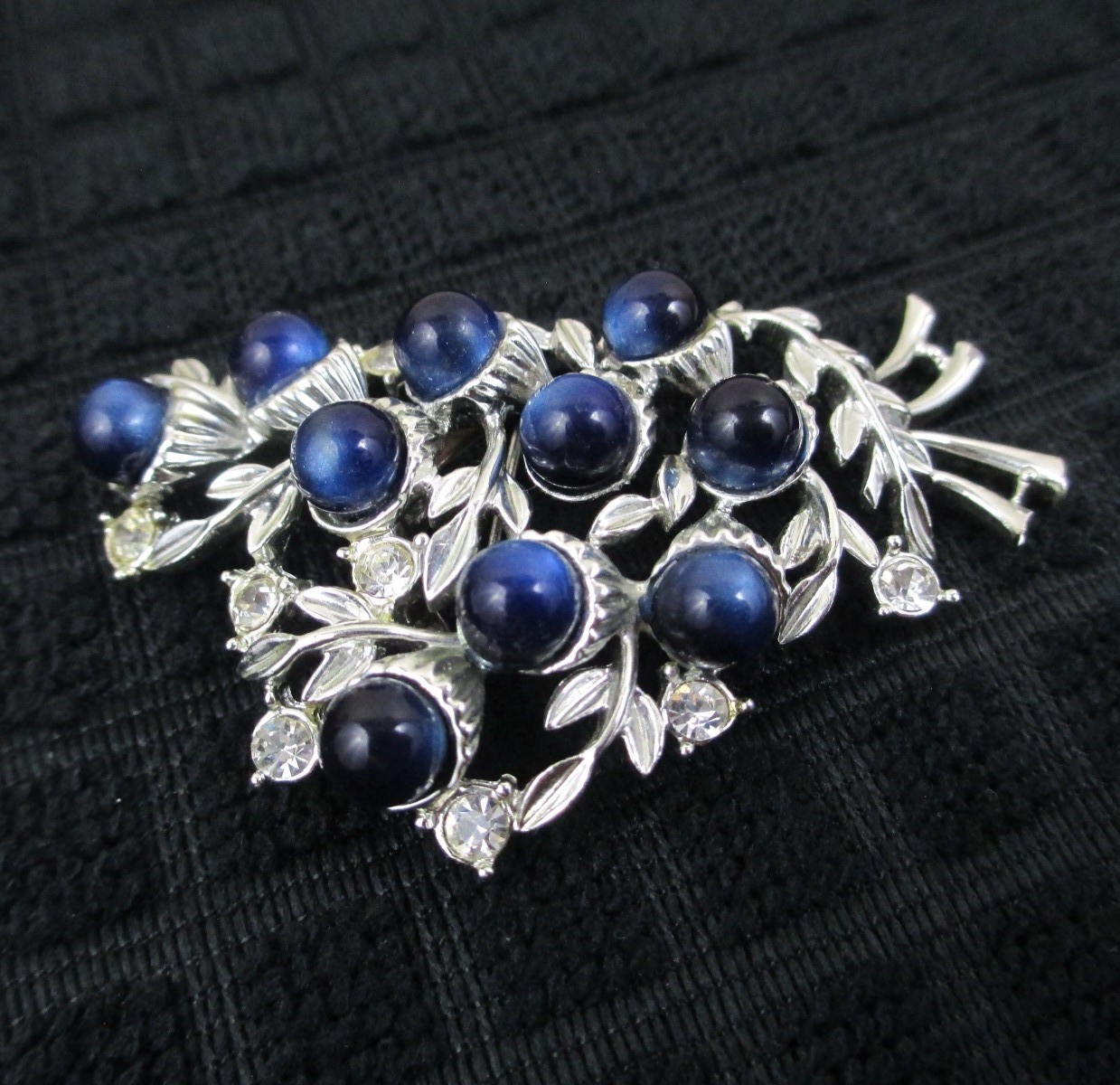 Vintage Floral Berries Bouquet Blue Moonglow Brooch Silver Cabochon Rhinestone