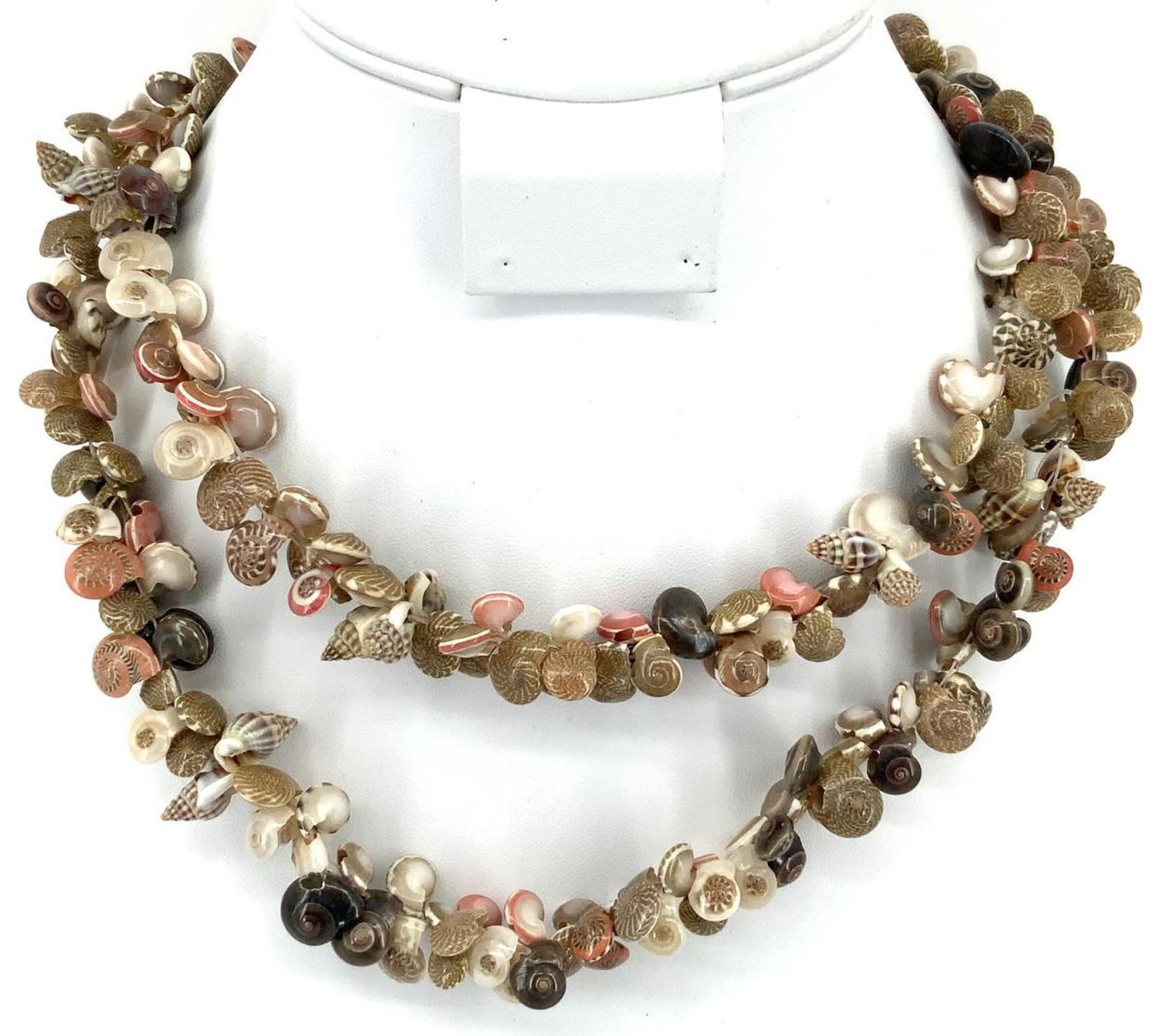 Vintage Natural Sea Shell Boho Beach Necklace Multi Strand Brown Pink Earth Tone