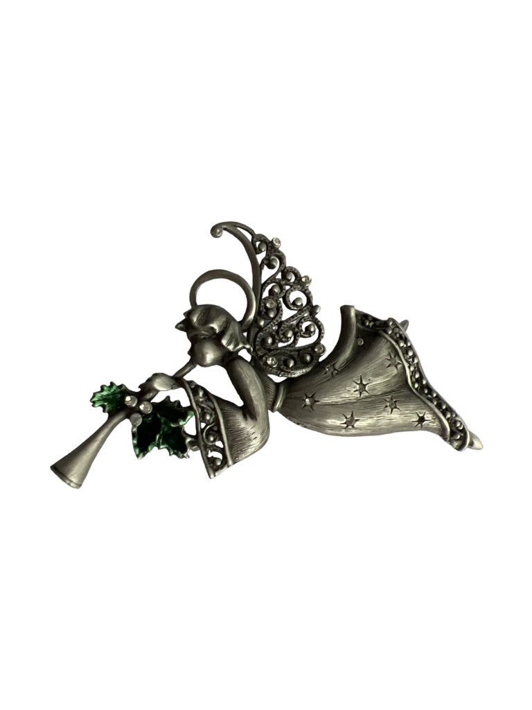 Jonette JJ Pewter Angel Brooch With Holly and Trumpet