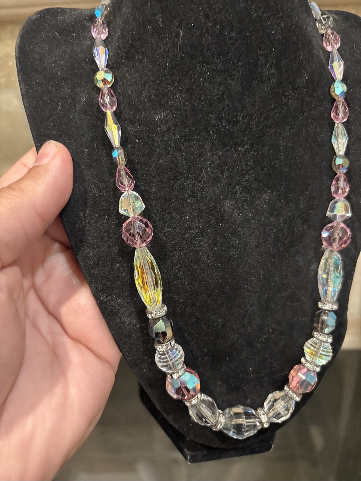 Vintage Stunning Pink Clear Ab Crystal Bead Rhinestone Necklace 21”