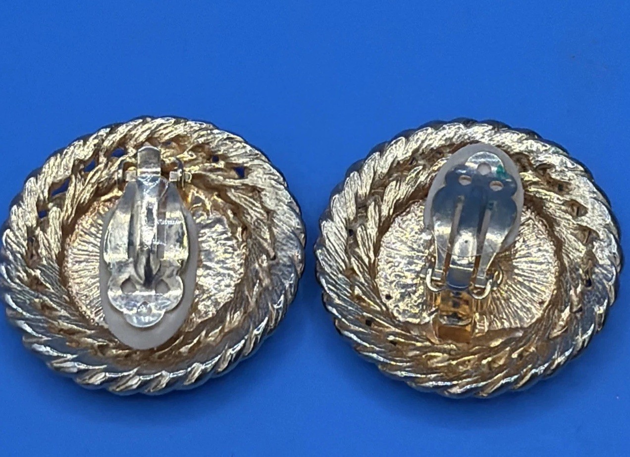 Vintage Gay Boyer Clip On Earrings – Gold‑Tone Coin Design, Signed