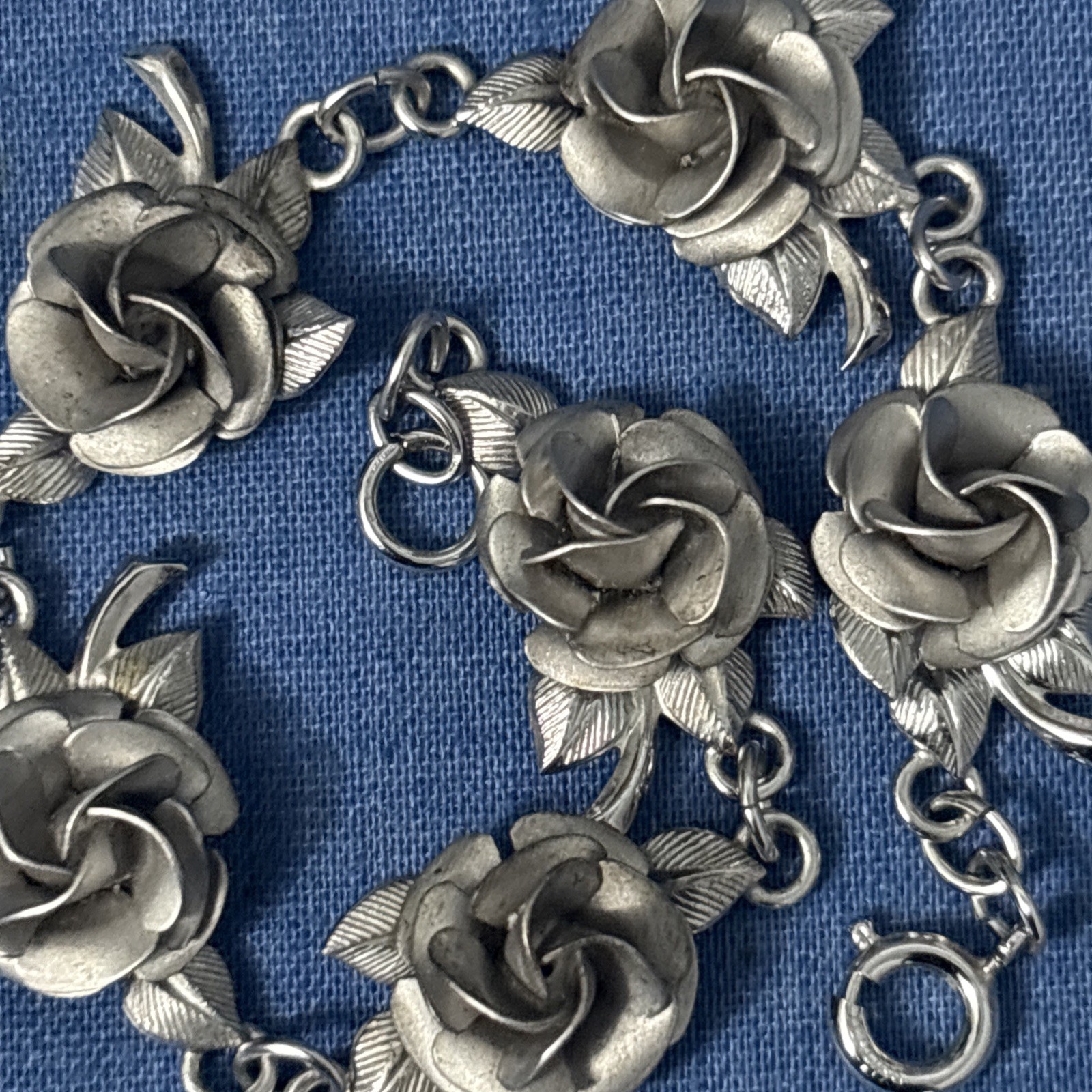 Vintage Sterling Silver Flowers Bracelet Six Roses Signed AC Estate 12g 6.8”