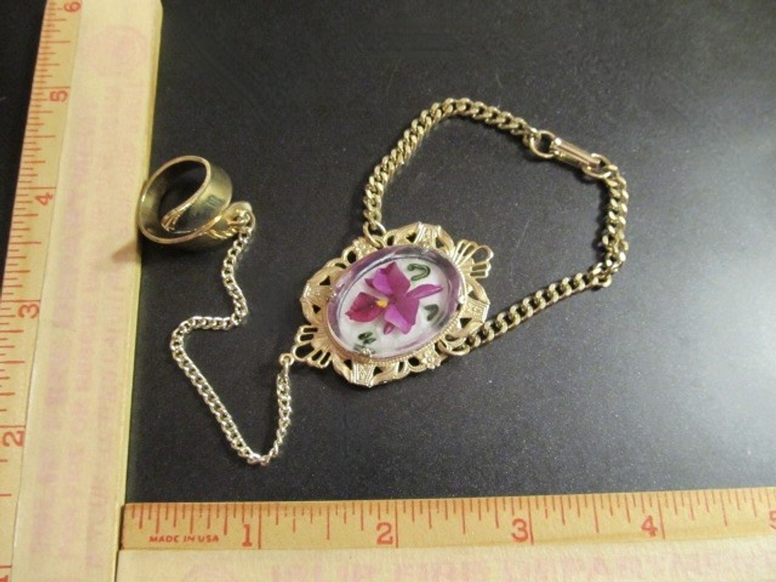 Retro Vintage Gold Tone Slave Ring Bracelet Pressed Orchid in Lucite Unusual