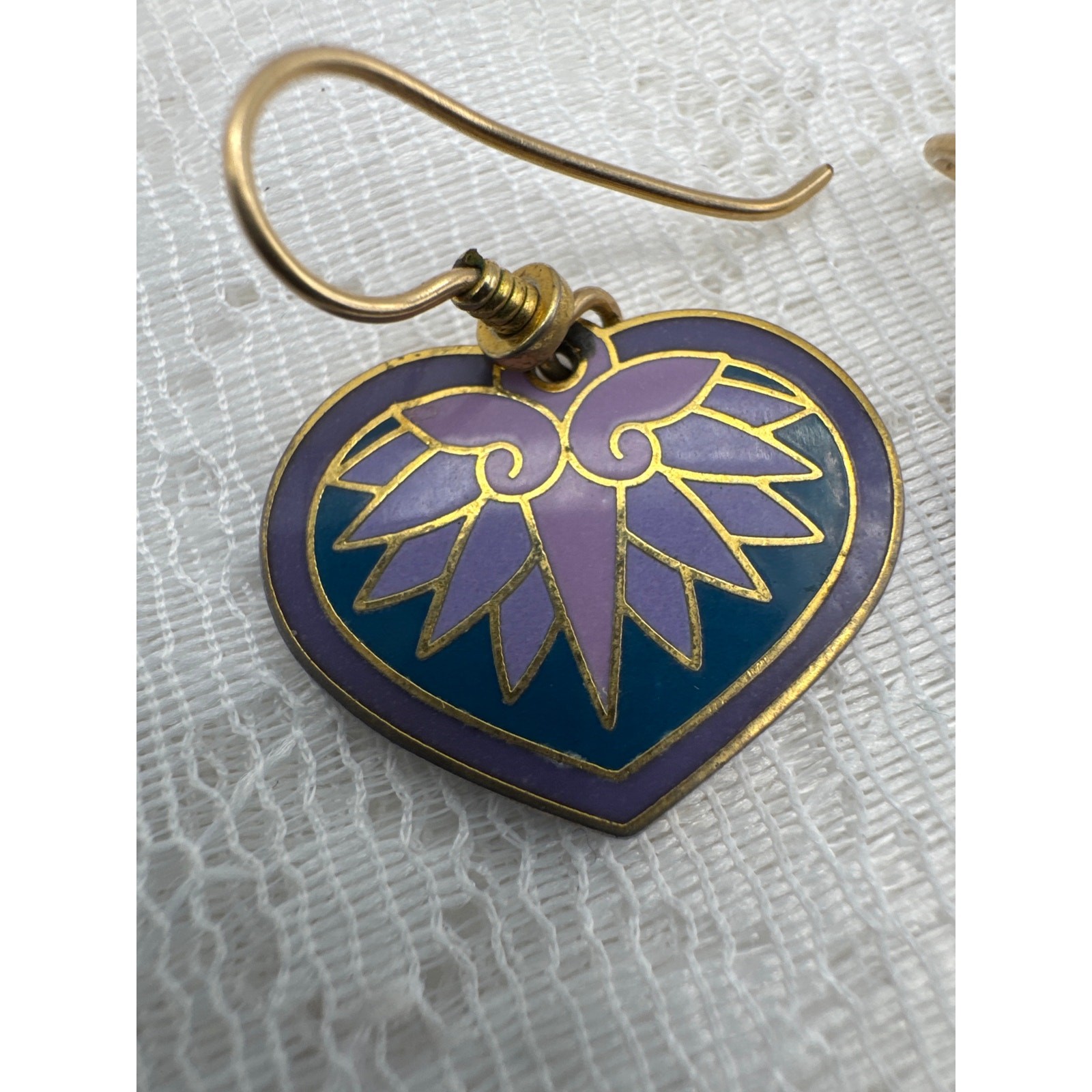 Laurel Burch Hollyhock Flower Hearts Green Pink Cloisonne Earrings Vintage