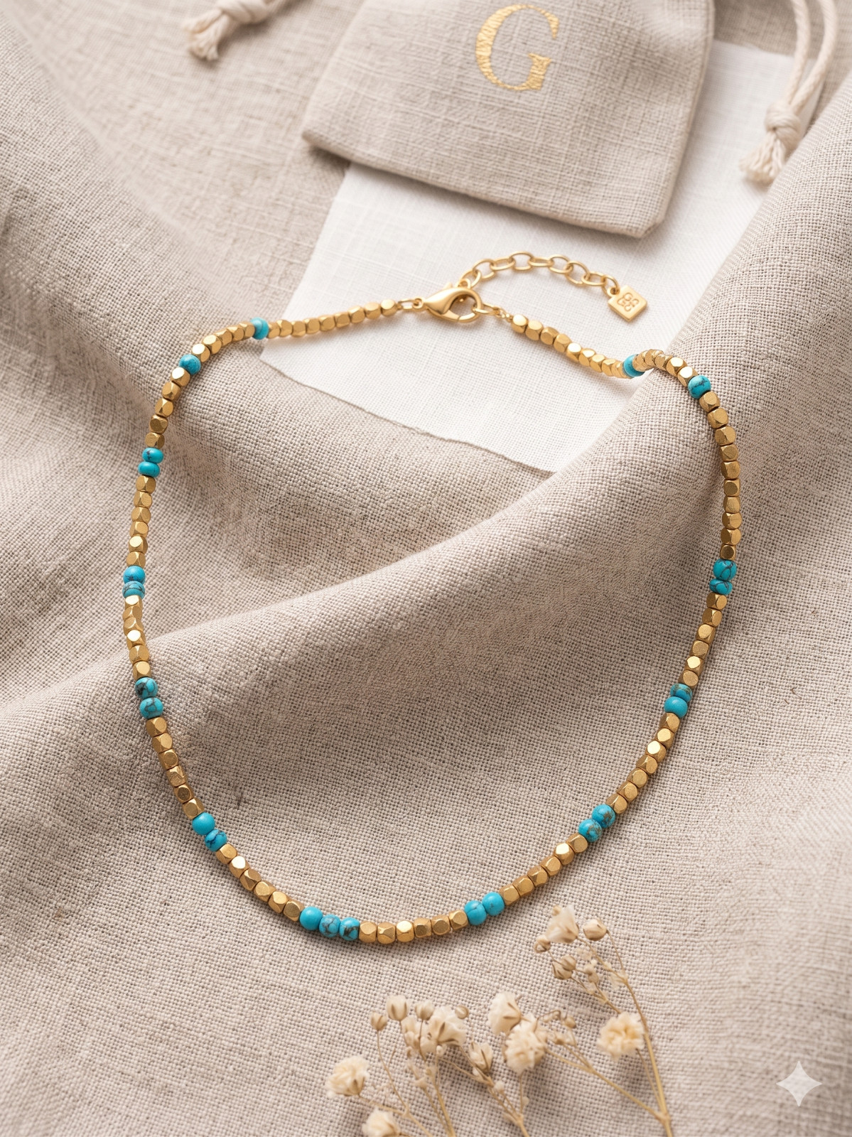 Vintage Givenchy Gold-Tone & Turquoise Beaded Choker Necklace 14”