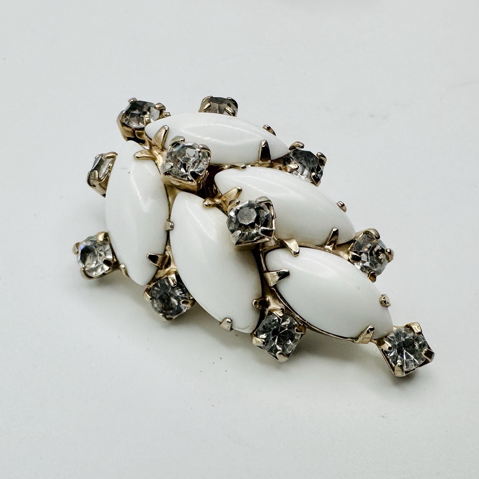 Vintage White Milk Glass Navette Rhinestones Fanned Leaf Clip Earrings Gold Tone