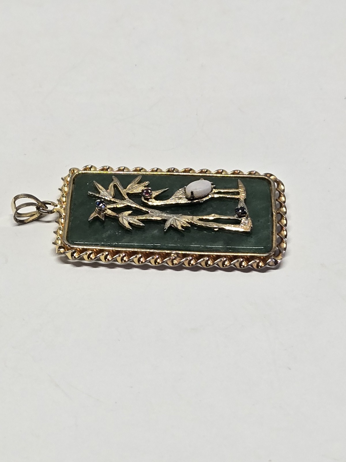 VTG Chinese Green Jade Pendant Crane Longevity Good Fortune Ruby Sapphire Opal