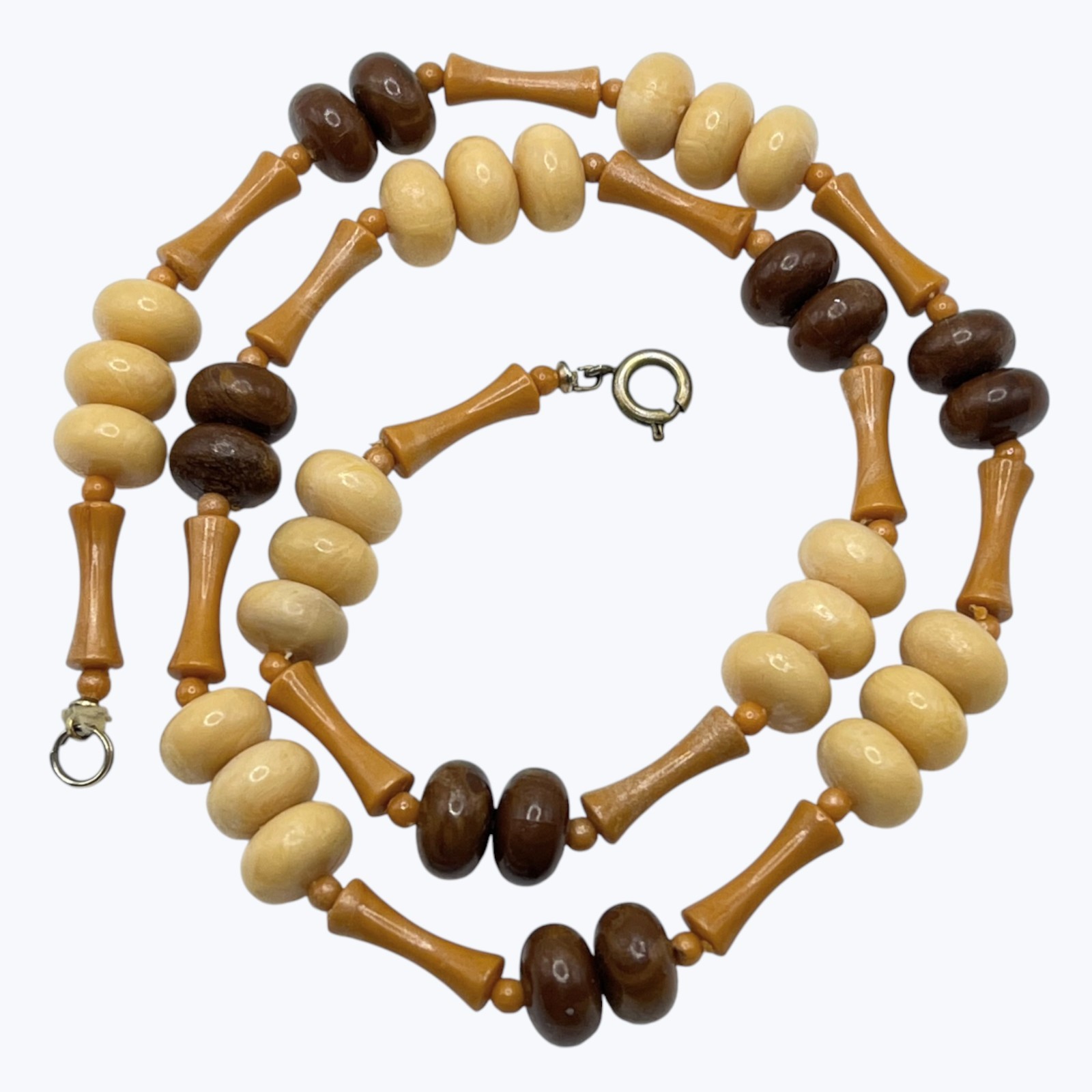 VTG Necklace Plastic Beads Brown Beige Earth Tones Hippie Tiki 19″ Lightweight