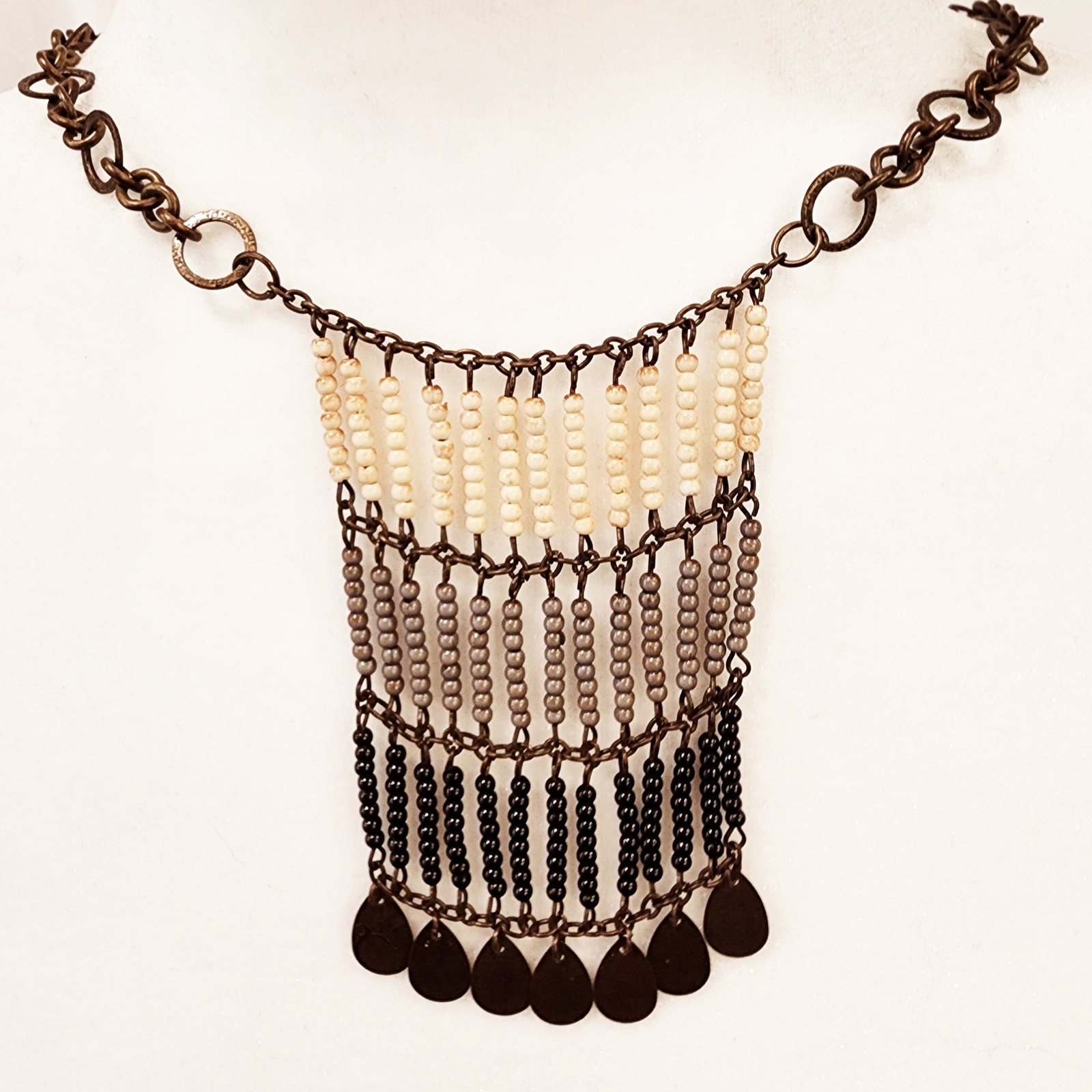 1970s Boho Fringe Beaded Necklace Brass Coin Dangles 38” Long Layering Chain