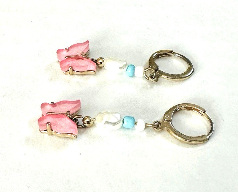 Y2K Lucite Pink Butterfly Earrings Beaded Teal Pearly Drop Dangle Huggie Hoop