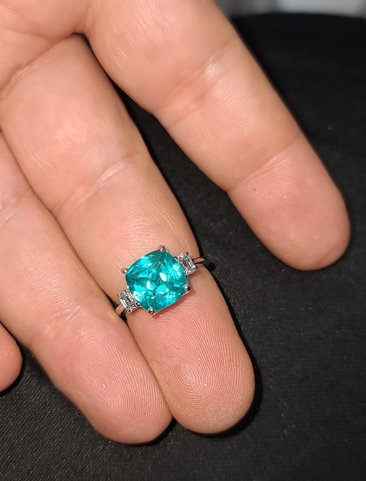 14k White Gold Engagement Ring 4.75CT. Lab-grown Paraiba Tourmaline Cushion Cut