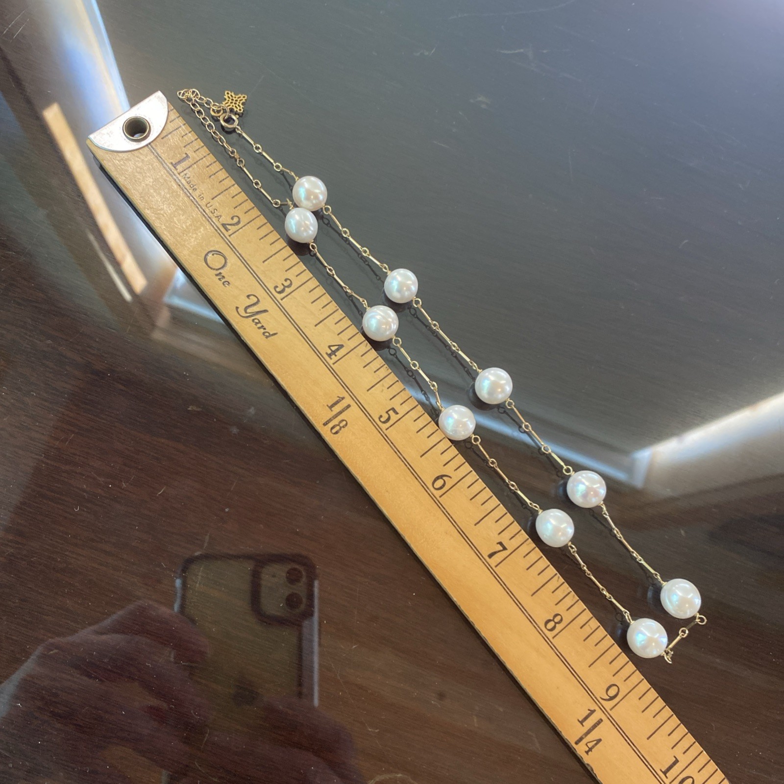 Pearl Station Necklace Bar Link Gold Tone 18″ Charm at Clasp Classic Formal