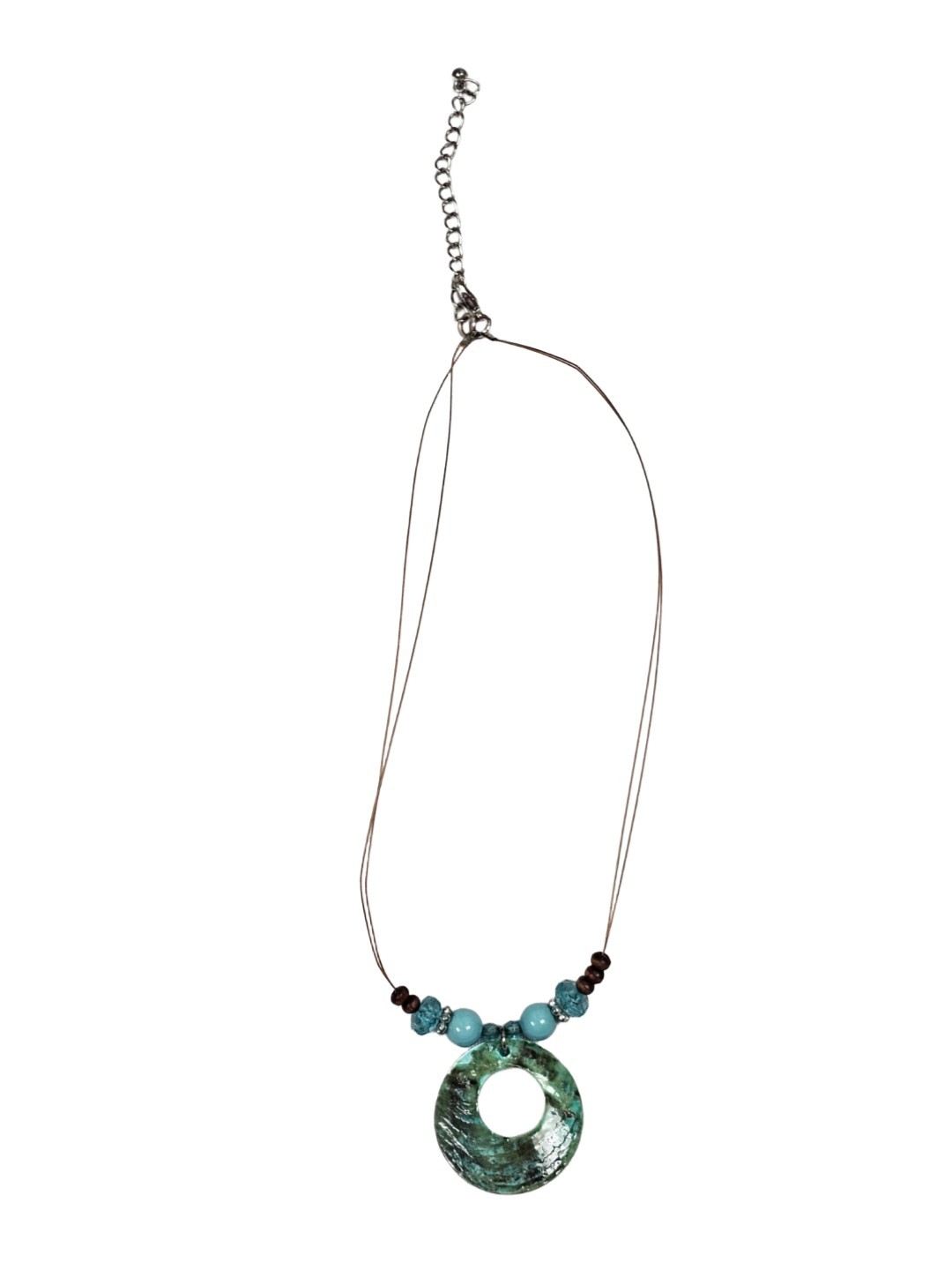 Vintage Abalone Paua Shell & Bead Donut Pendant Wire Necklace Bohemian | Beachy