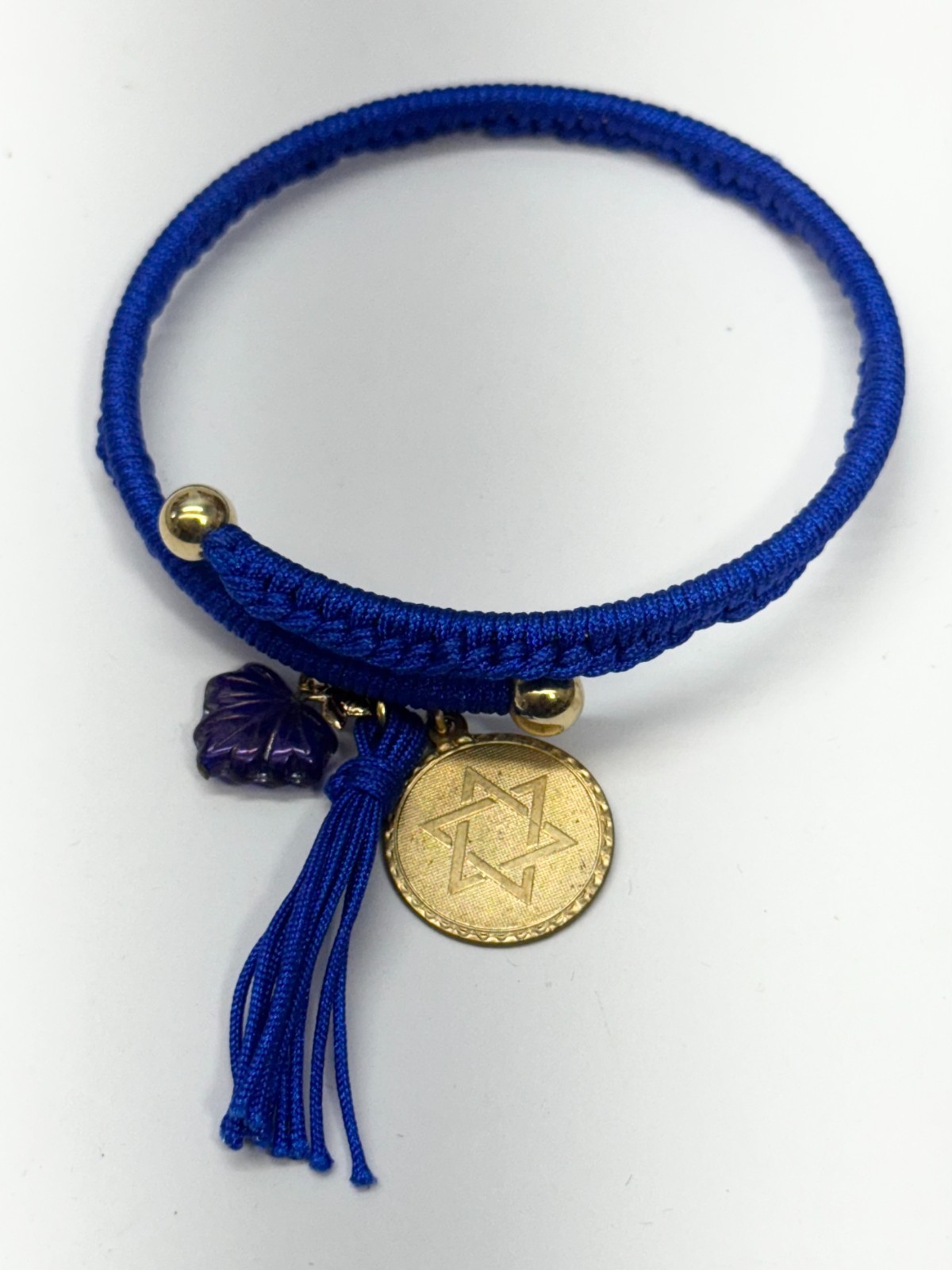 Vintage blue Jewish star glass leaf charm tassel bracelet bangle