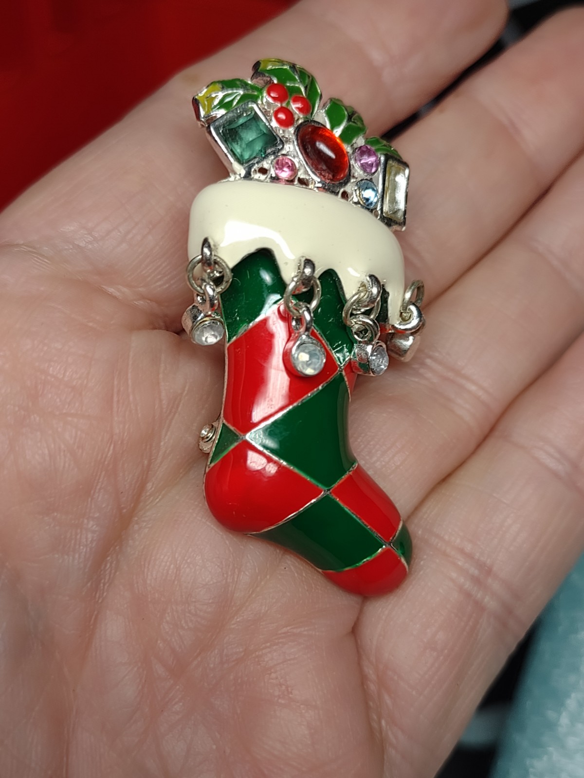 Bejeweled Christmas Stocking Brooch Pin Dangles Enamel Pendant Too