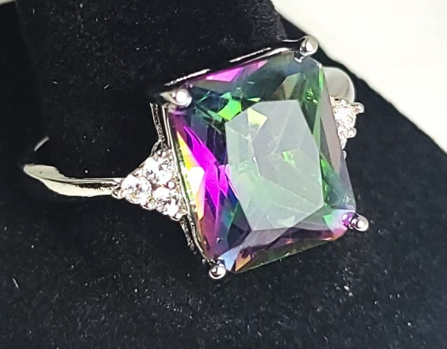 Large Square Cushion Cut Mystic Topaz Lab Created Diamond Side Accents Eng Ring
