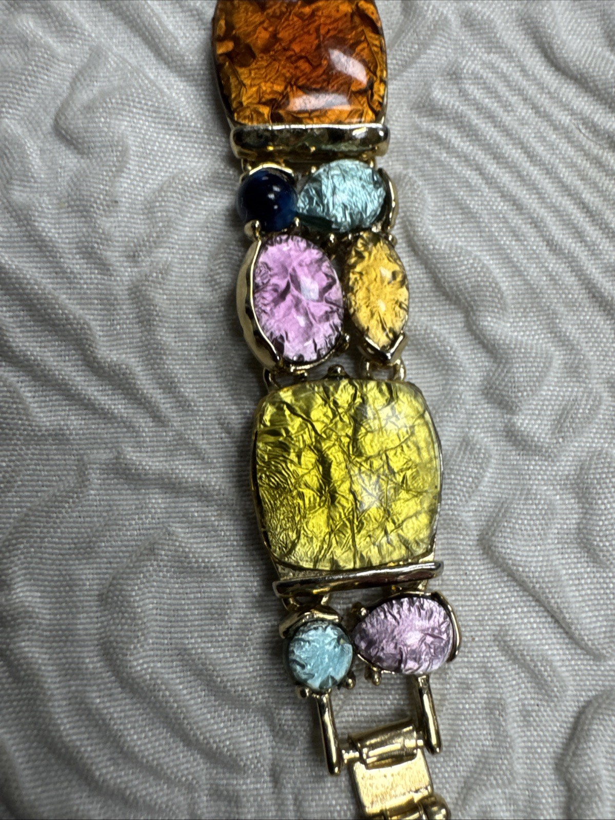 Vintage Foiled Art Glass Gold Plate Panel Link 8”Bracelet