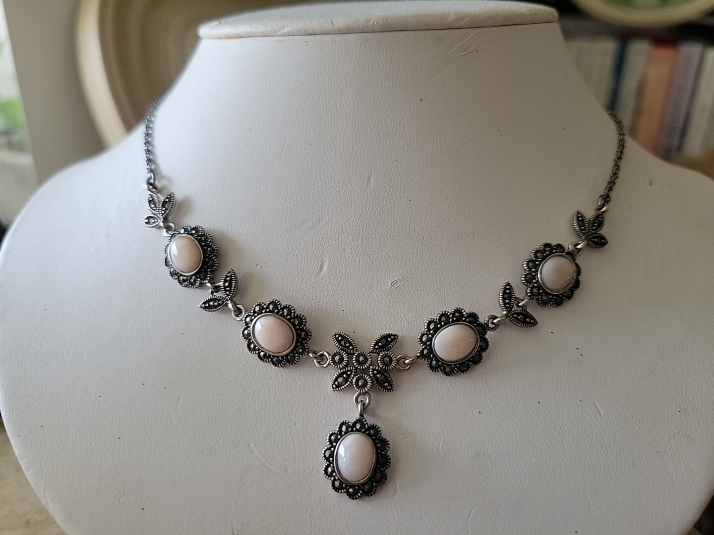 Edwardian/Victorian Style Sterling/Marcasite/ Angel Skin Coral Station Necklace