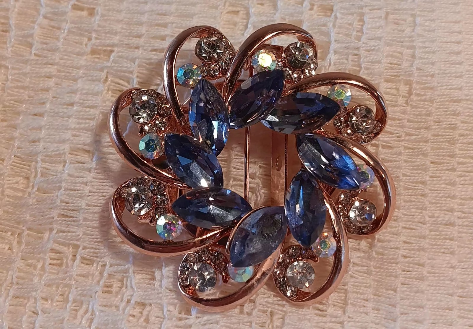 Stunning Rose Tone Gold Brooch with Magnificent Blue and Crystal Gemstones 2″