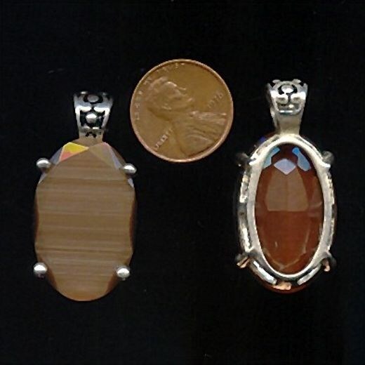 VINTAGE BROWN GLASS CAT’S EYE ANTIQUE SILVER OVAL 39x20mm PRONG DECO PENDANT BR2