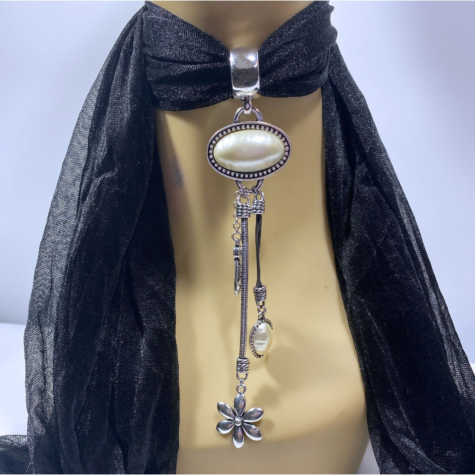 2pc Pearl Rhinestone Scarf Slider Necklace Pendants Large 6″ Manual Set Jewelry