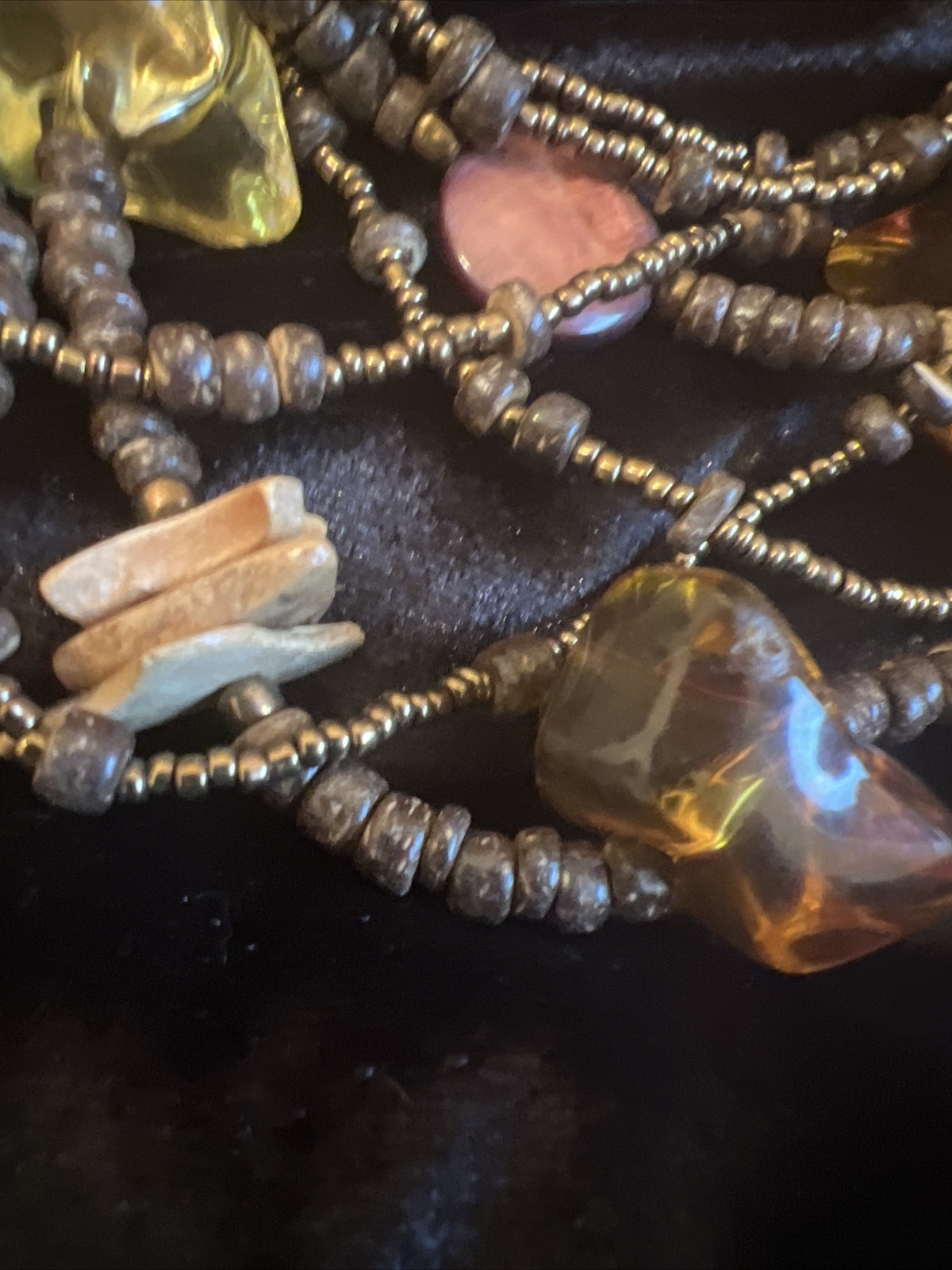 1946 Brand Brown Gold Color Lucite MOP And Wood Bead Multilayer Necklace Vtg