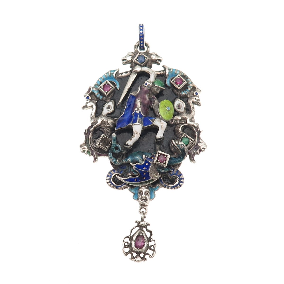 Antique Austro-Hungarian Silver Enamel Multi-Color Gem Pendant (missing 1 stone)