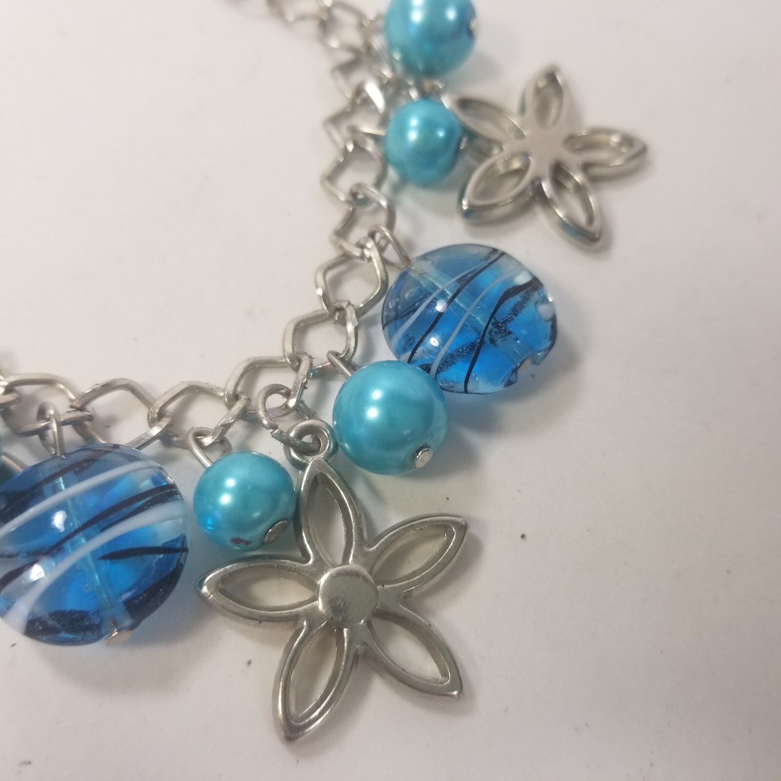 Charm Bracelet Blue Silver Tone Flower Glass Bead Dangle