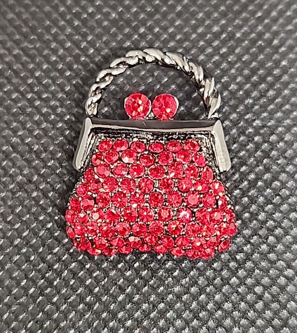 Gunmetal Silver Tone Red Rhinestone Mini Purse Small Brooch Pin Unsigned