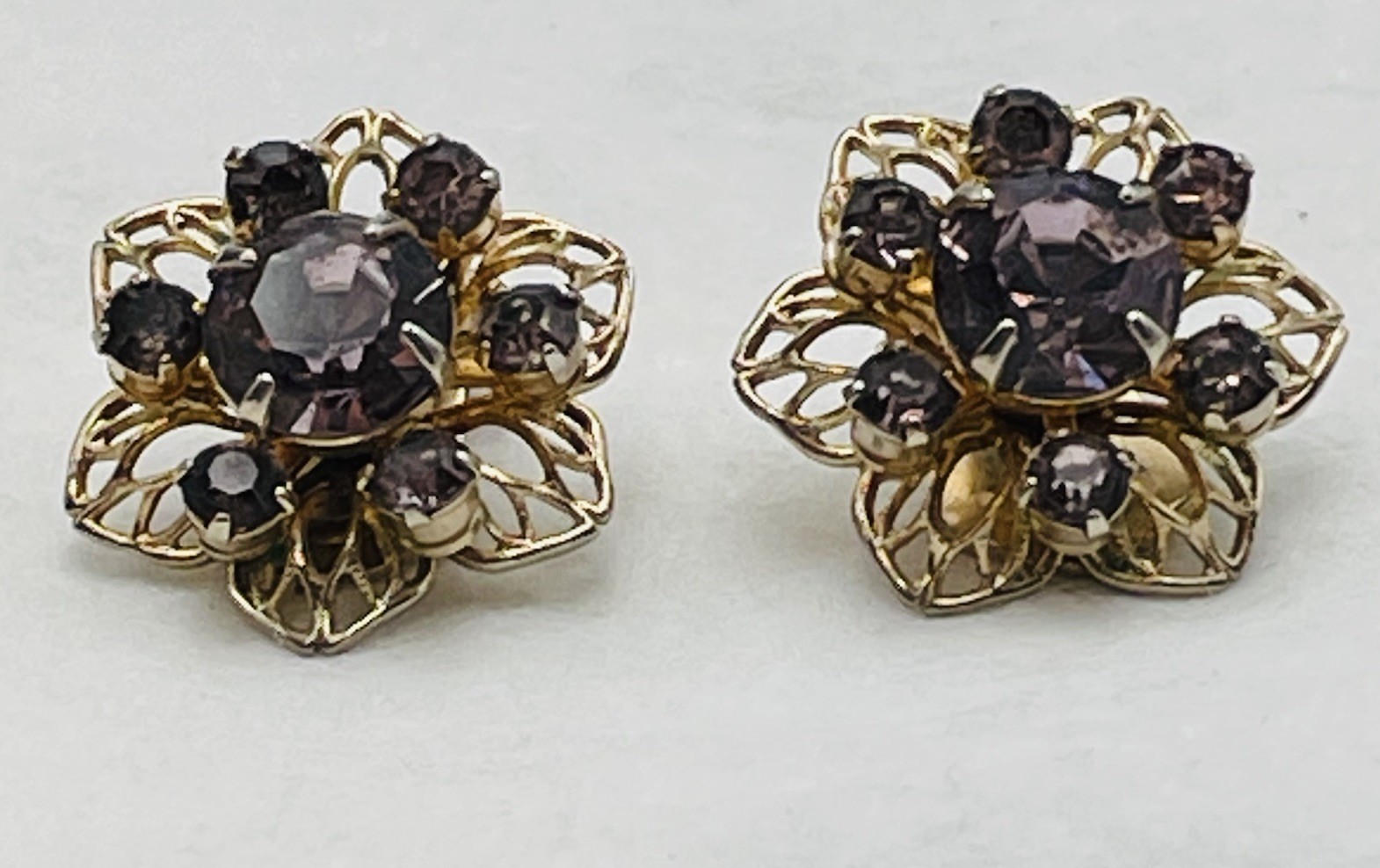 Purple Rhinestone Floral Cluster Clip on Earrings Lacy Gold Tone Metal VTG
