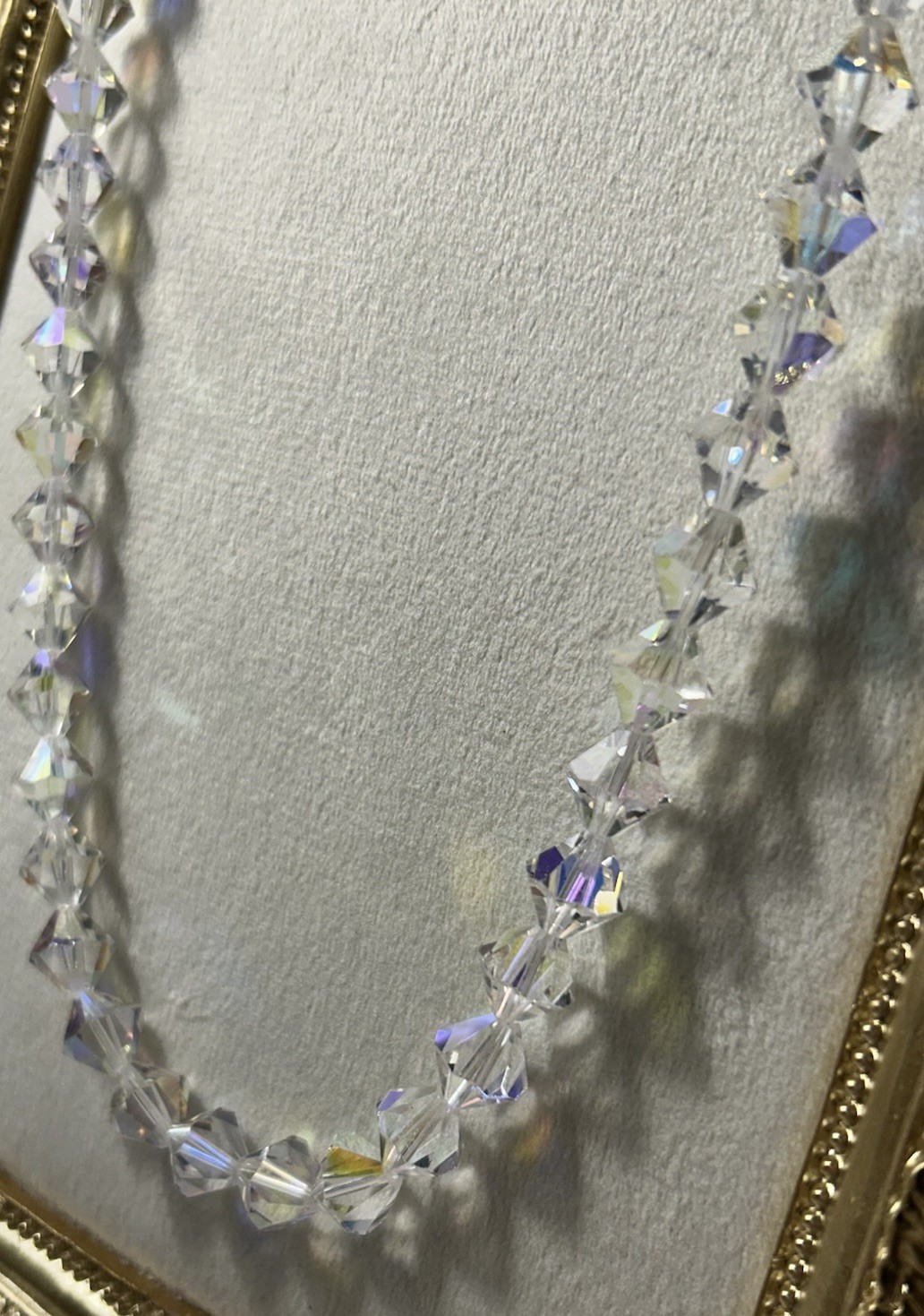 Vintage Aurora Borealis Crystal Bicone Necklace 24” Clear Faceted Glass Beads