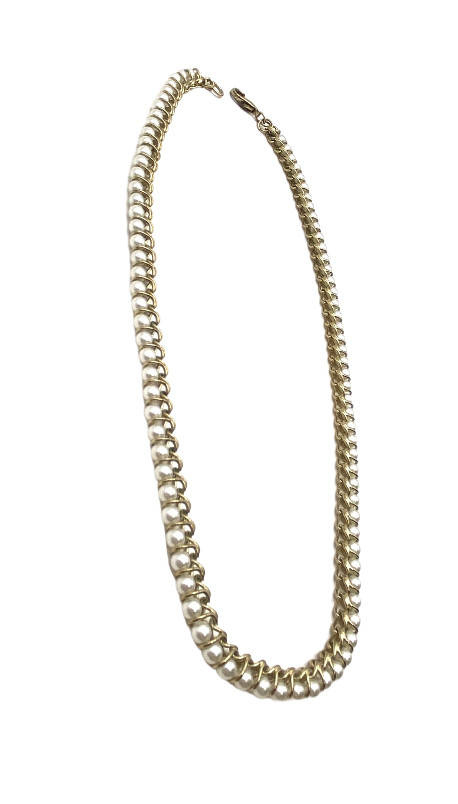 Vintage Gold Tone Faux Pearl Necklace Curb Linked Wire Wrapped 17” Costume GUC