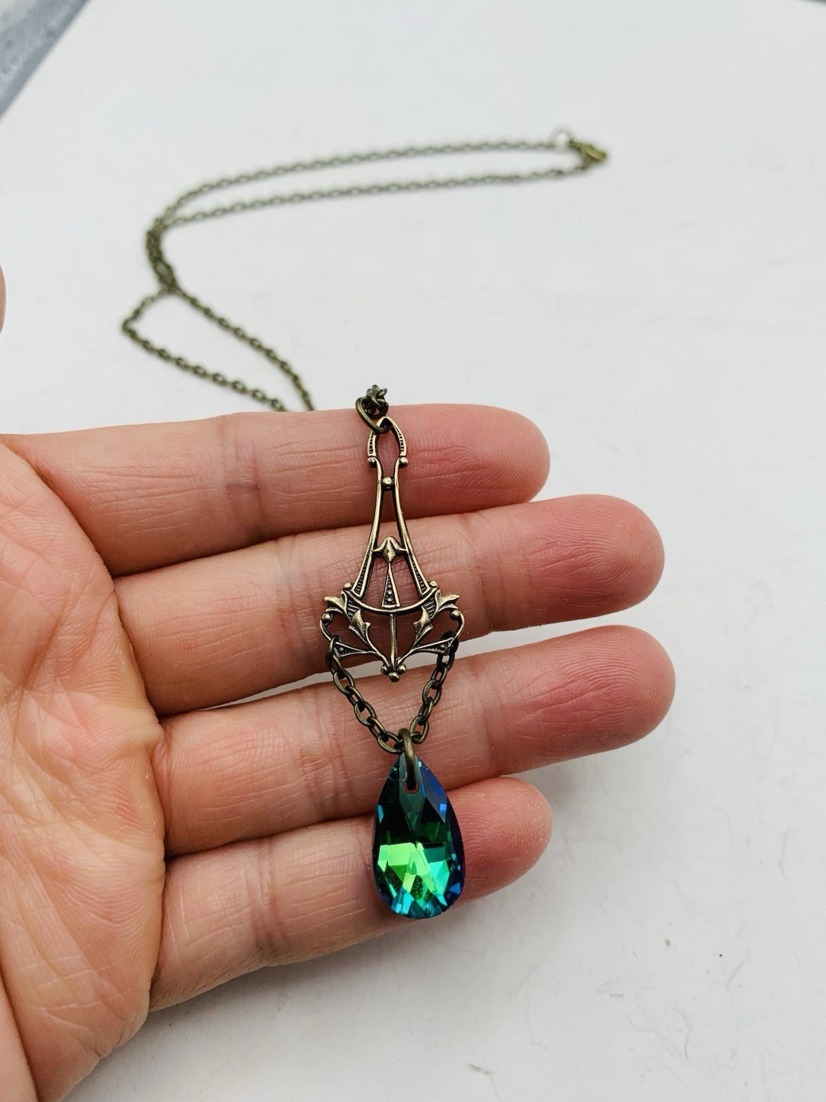 Vintage Style Art Nouveau Bronze Tone Mermaid Blue Teardrop Drop-down Necklace