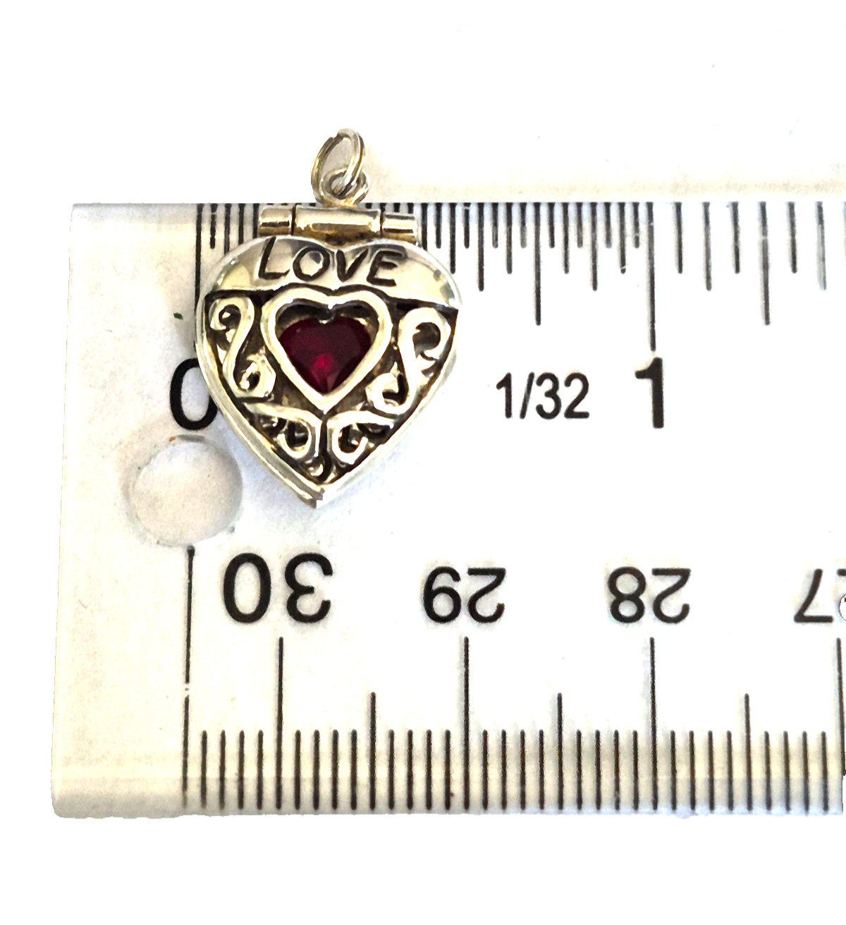 Vintage Sterling Silver Marked SU Ruby Scroll Work Double Heart Love Pendant