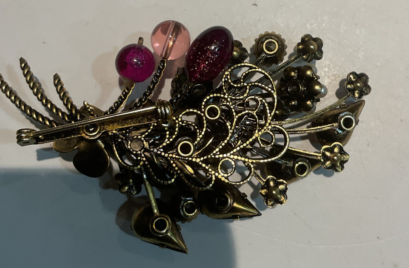 Vintage Brooch Multi Stone Flower Bouquet Design Gold Tone