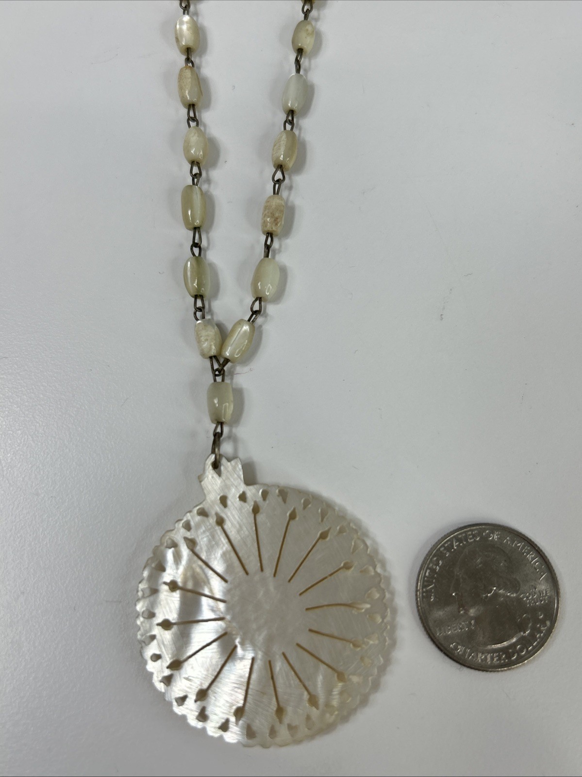 Necklace Carved Flower Daisy Sunburst Medallion Pendant Statement Rosary Beaded